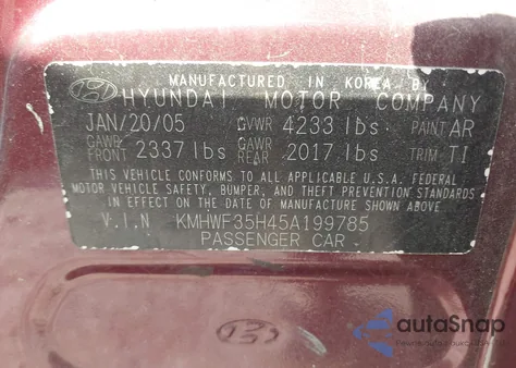 2005 Hyundai Sonata Gls/Lx from USA, damaged, VIN KMHWF35H45A199785
